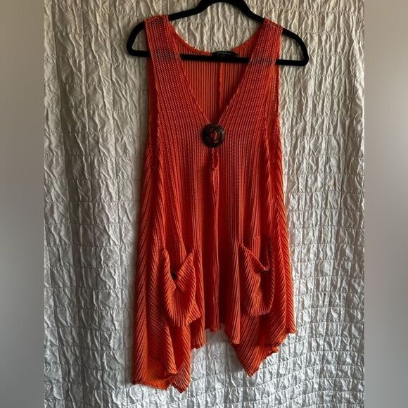 PARADISE USA mesh bright orange with large pockets   Tunic Cover-Up - Picture 1 of 5